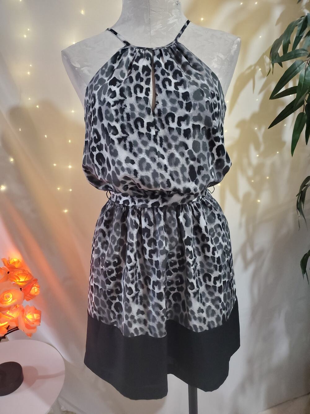 Express Womens Leopard Print Satin Blouson Halter Mini Dress Size XS Animal Chic